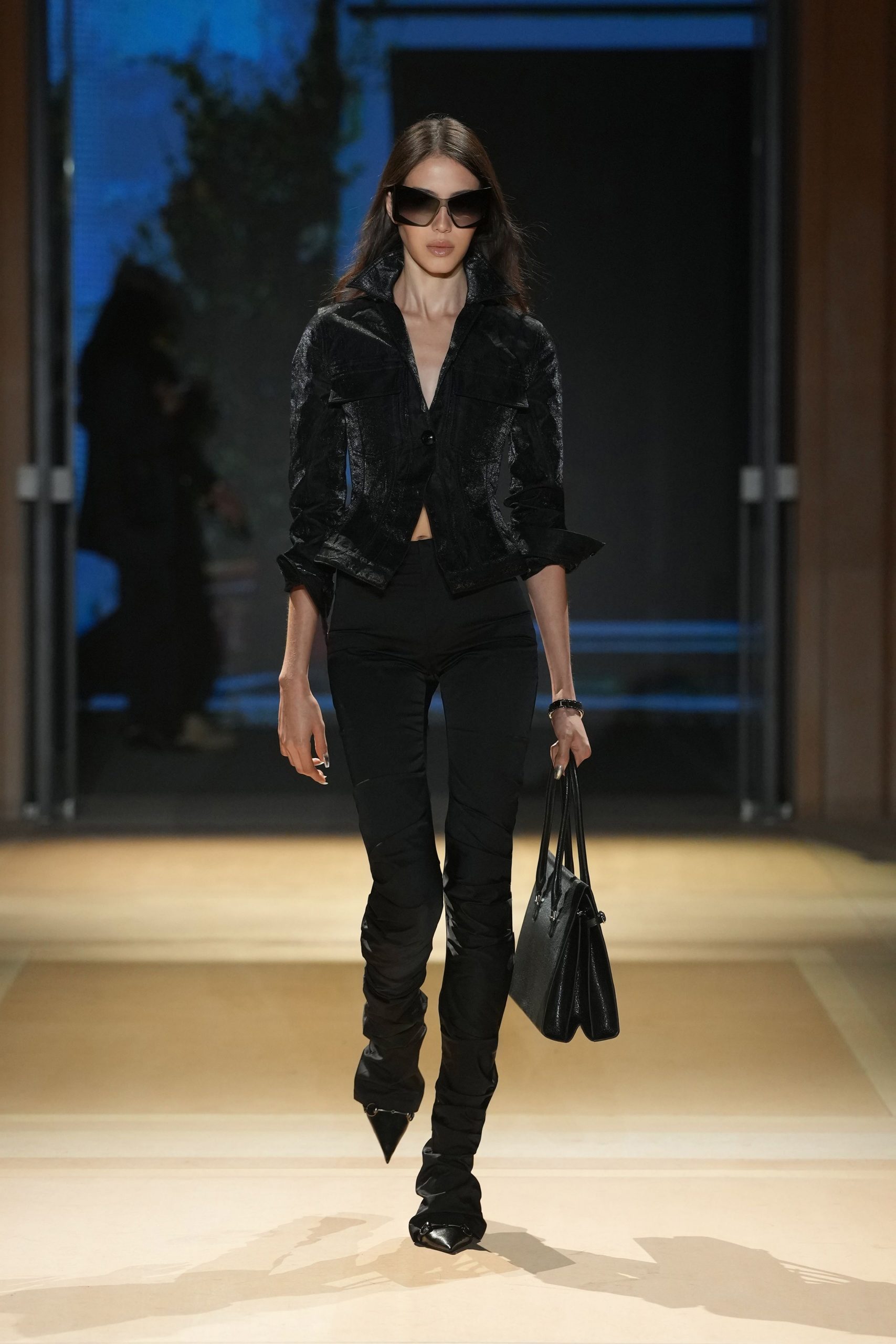 Runway Ready: Black Fitted Pants with Textured Cropped Jacket Runway Ready: Black Fitted Pants with Textured Cropped Jacket — Leather Pants Outfits 2027