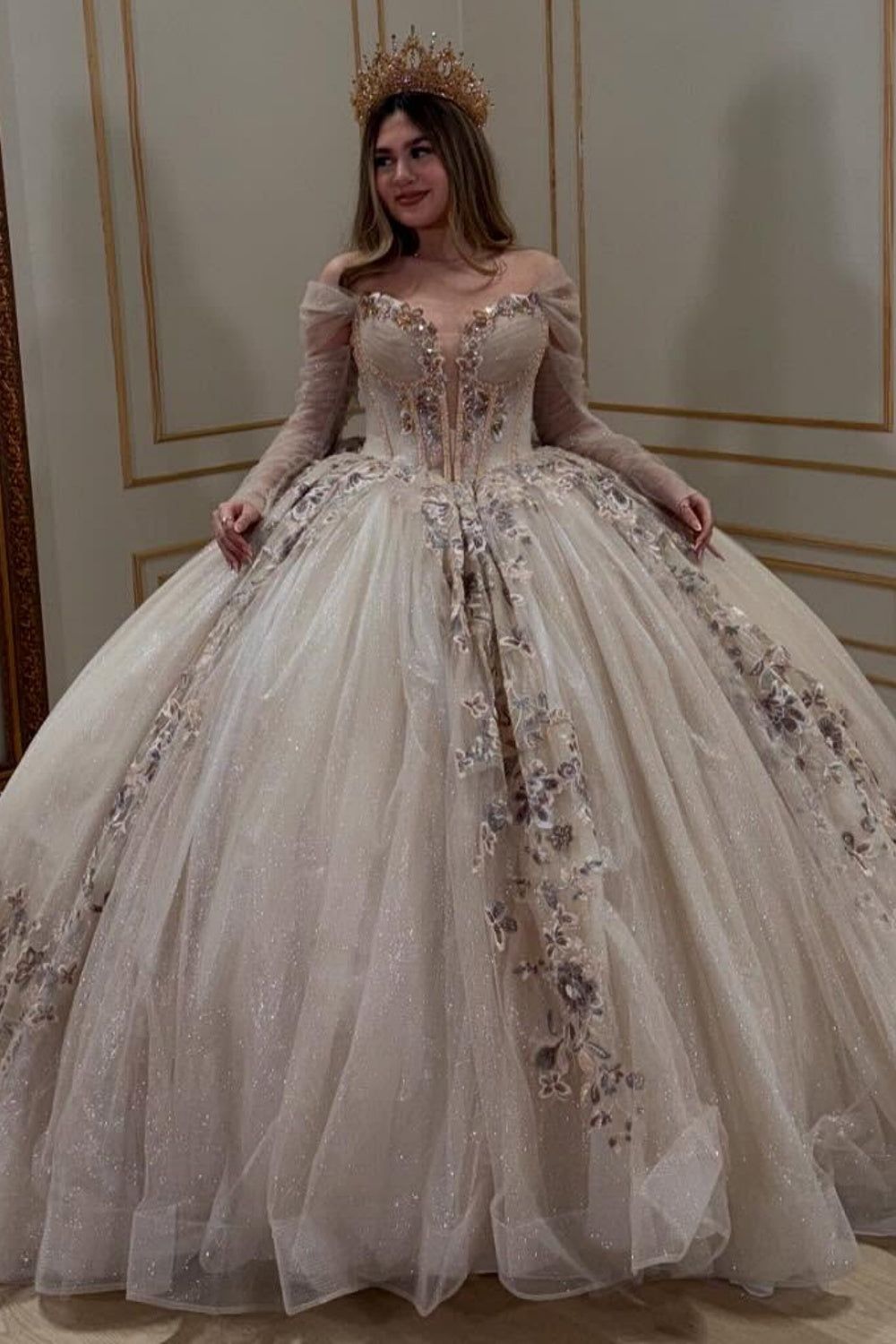 Quinceanera Formal Event Glamorous Champagne Ball Gown with Detachable Sleeves and Sequins — Champagne Quinceanera Dress 2027