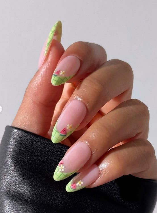 Checkered Green Tips with Watermelon Slices Checkered Green Tips with Watermelon Slices — Watermelon Nails 2027