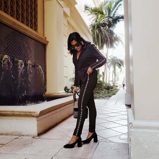 Black Tailored Suit with Eyelet Detail for Evening Black Tailored Suit with Eyelet Detail for Evening — Miami Outfits 2027