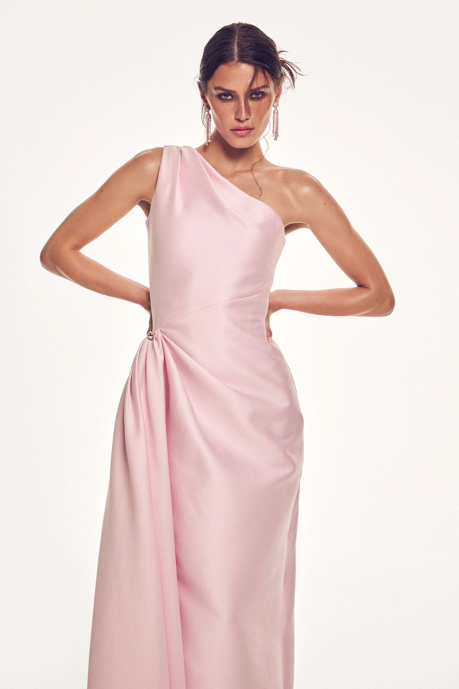 Pale Pink Satin Draped Midi: Embellished Formal Elegance Pale Pink Satin Draped Midi: Embellished Formal Elegance — Midi Dresses 2027