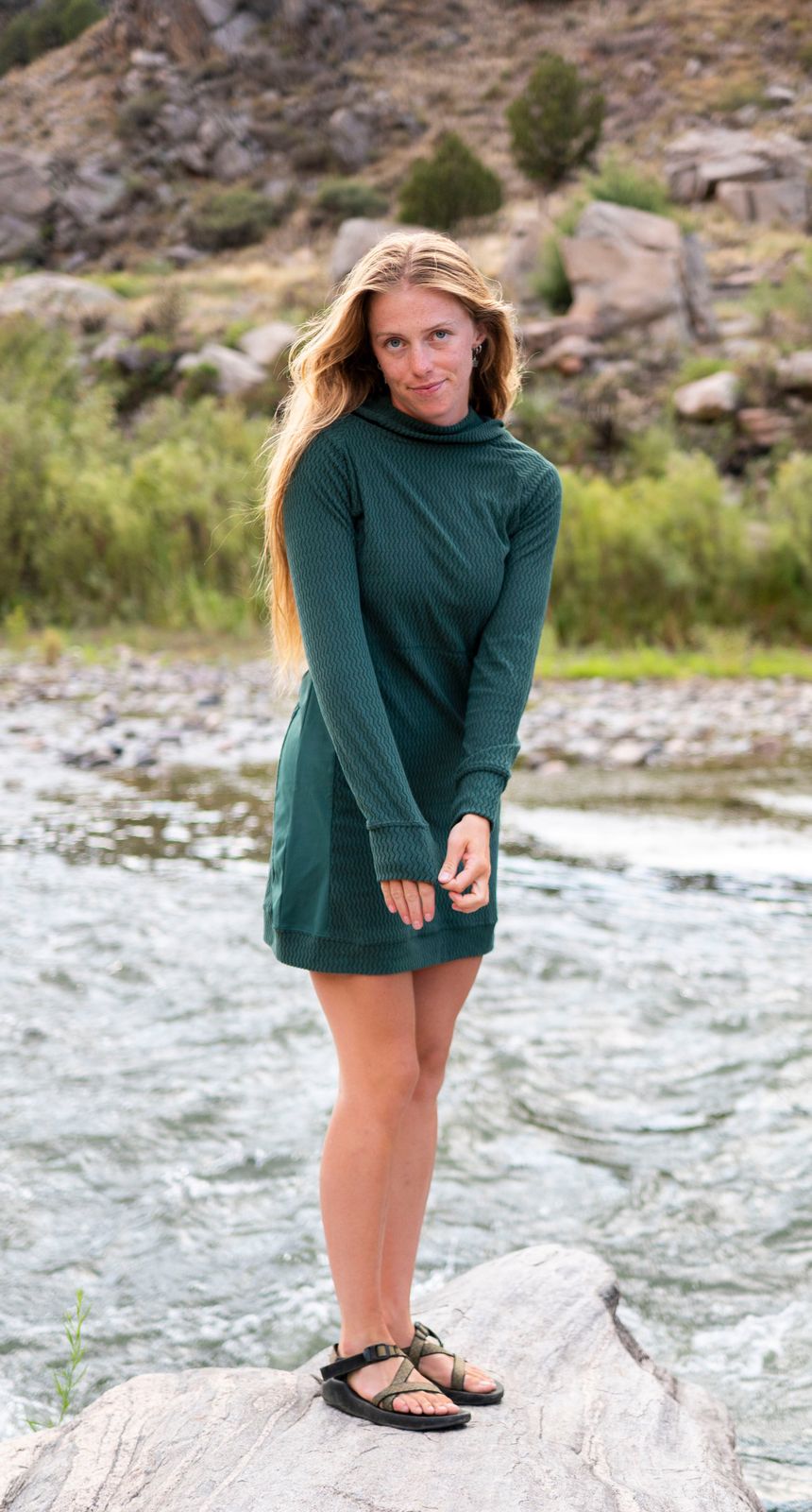 Green Knit Hooded Dress with Sport Sandals — Turtleneck Outfits 2027