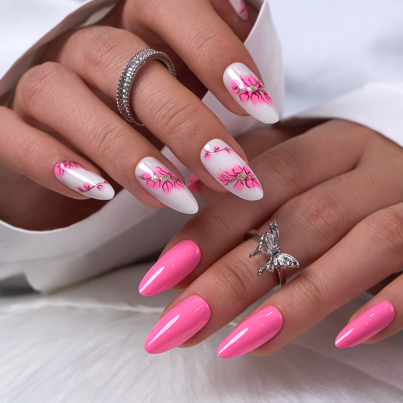 White with Pink Floral and Silver Glitter White with Pink Floral and Silver Glitter — Pink Rave Nails 2027