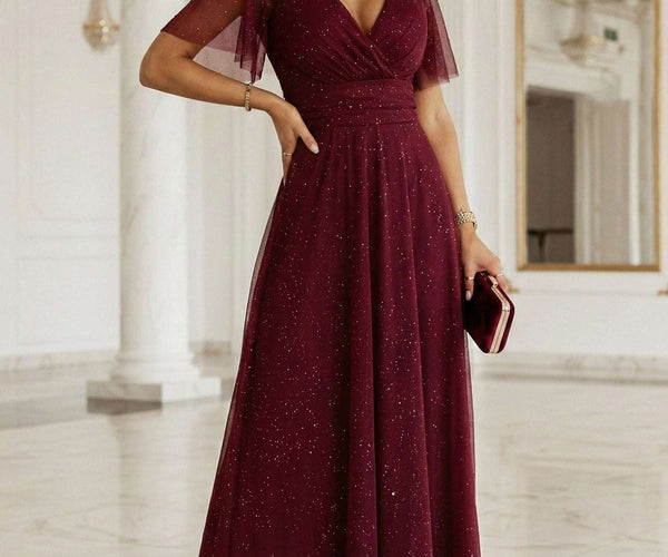 Burgundy Shiny Wrap Dress with Sparkle Detail — Wrap Dresses 2027