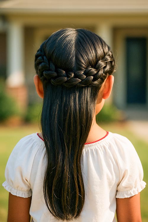 Black Half-Down With Braided Crown Black Half-Down With Braided Crown — Little Girl Hairstyles 2027