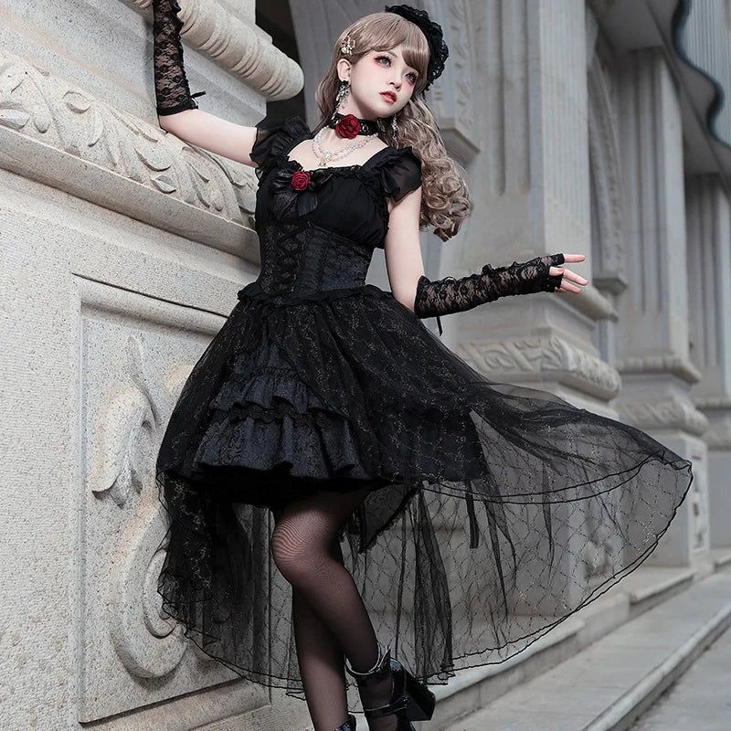 Gothic Lolita Dress with Lace Bodice and High-Low Hem Gothic Lolita Dress with Lace Bodice and High-Low Hem — Goth Lace Outfits 2027