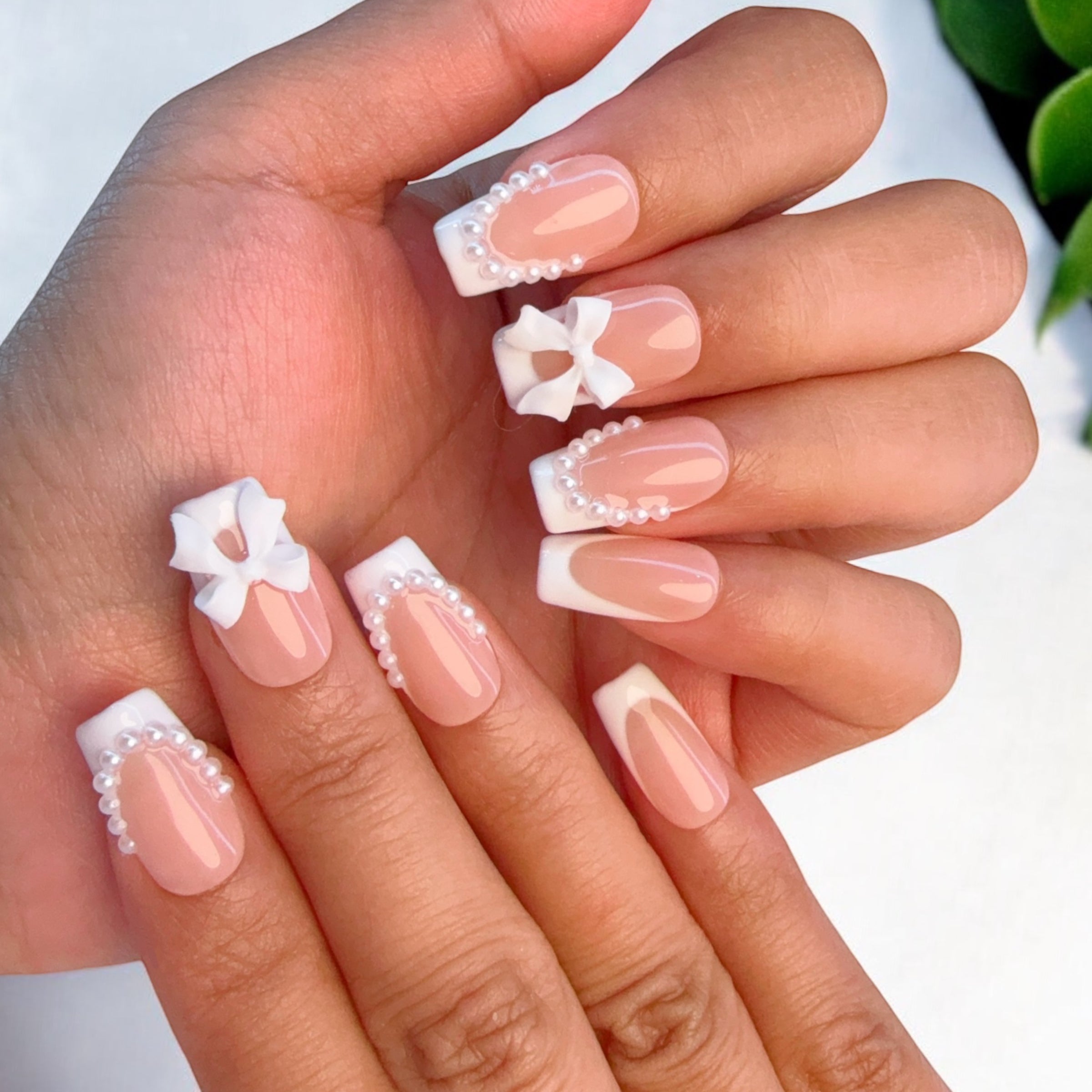 Medium Square Nude French with White Bows & Pearls — Pink Bow Nails 2027