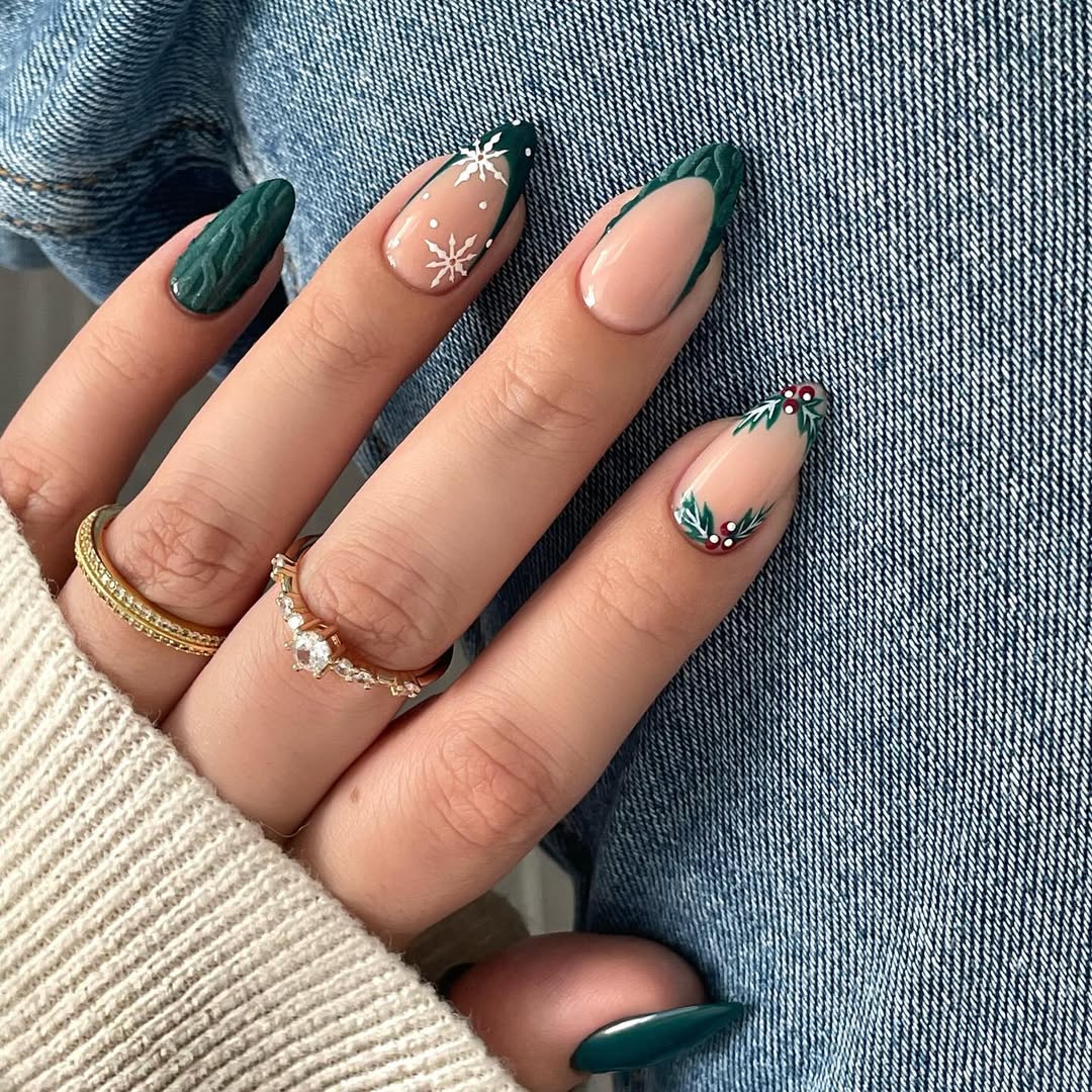 Deep Green French Winter Snowflake Almonds Deep Green French Winter Snowflake Almonds — Long Almond Nails 2027