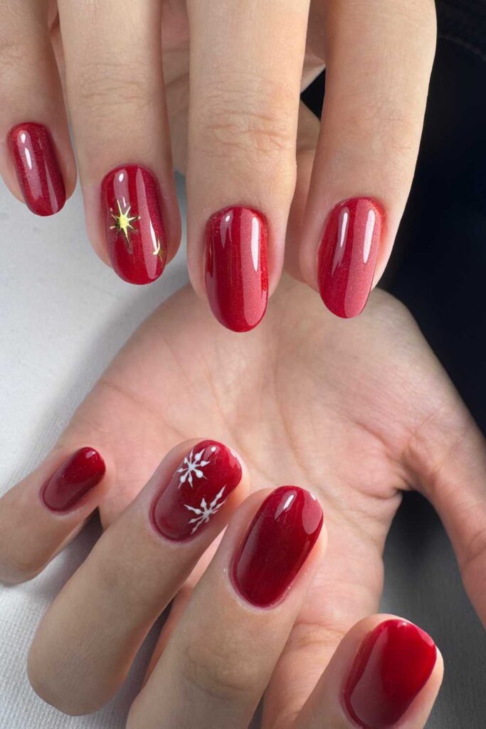 Opaque Red with Gold Star and Moon Accents — Short Christmas Nails 2026