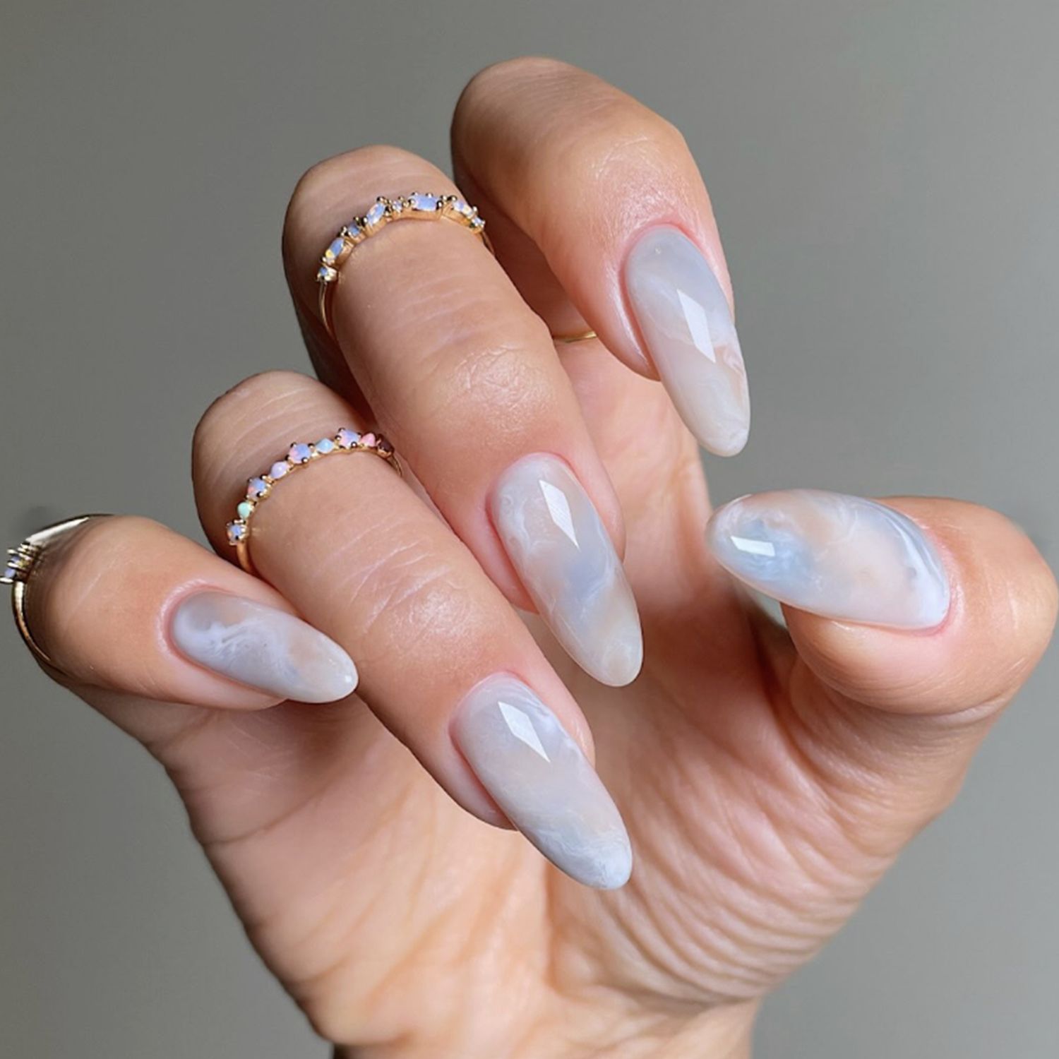 Milky White & Grey Marble Long Almonds — Cozy Winter Nails 2027