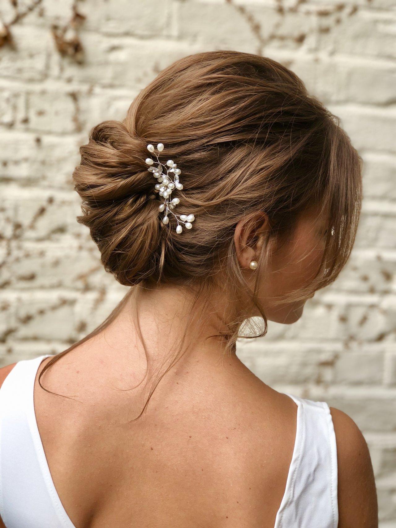 Textured Brown Updo With Pearl Piece — Beach Wedding Hair 2027
