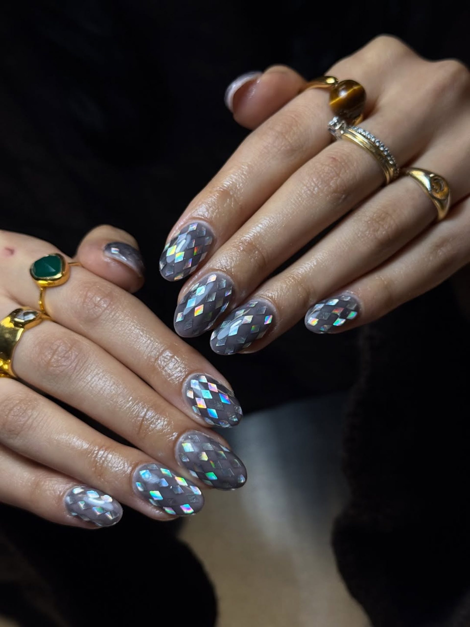 Grey Base with Holographic Geometric Nails Grey Base with Holographic Geometric Nails — New Years Eve Nails 2027