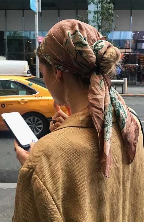 Blonde Low Bun With Floral Scarf Wrap Blonde Low Bun With Floral Scarf Wrap — Scarf Hairstyles 2027