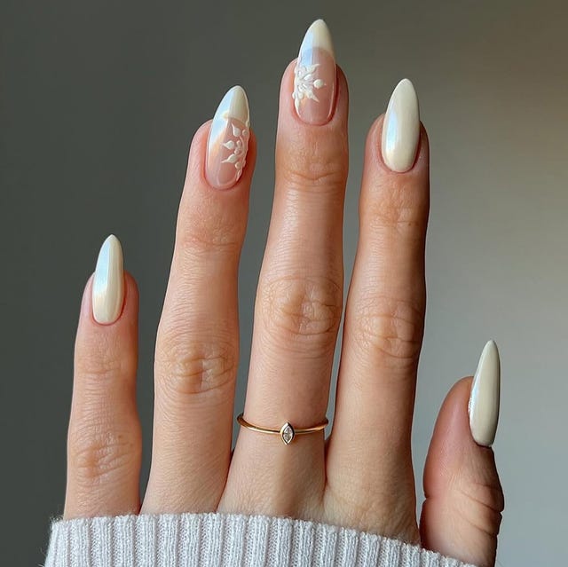 Milky White Pearlescent Snowflake Nails — Winter Oval Nails 2027