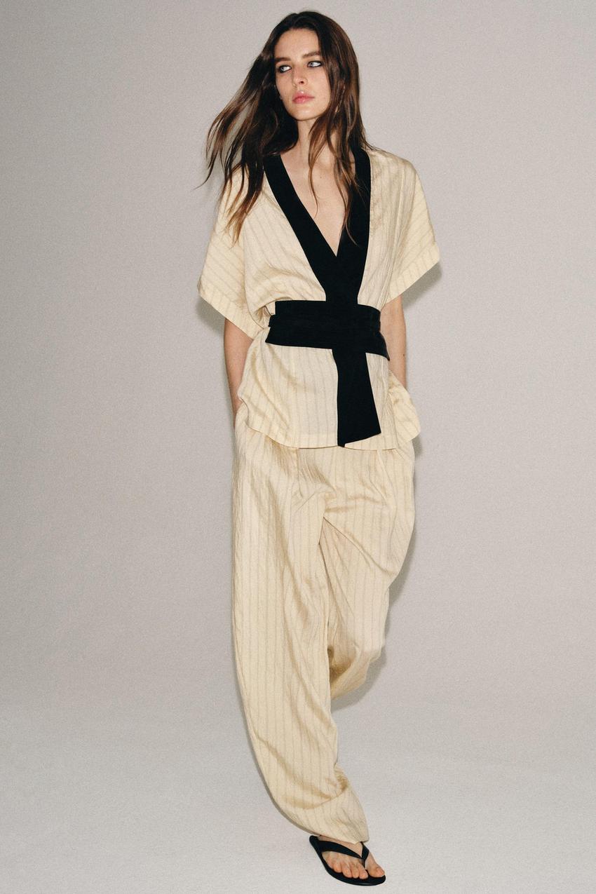 Casual Wrap Top with Obi Belt and Wide-Leg Trousers Casual Wrap Top with Obi Belt and Wide-Leg Trousers — Zara Outfits 2027