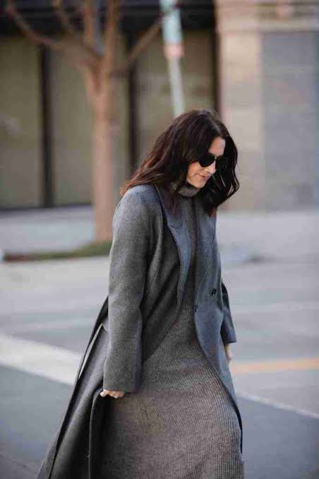 Monochrome Grey Knit Dress and Wool Coat with Pointed Heels Monochrome Grey Knit Dress and Wool Coat with Pointed Heels — Winter Grey Outfits 2027