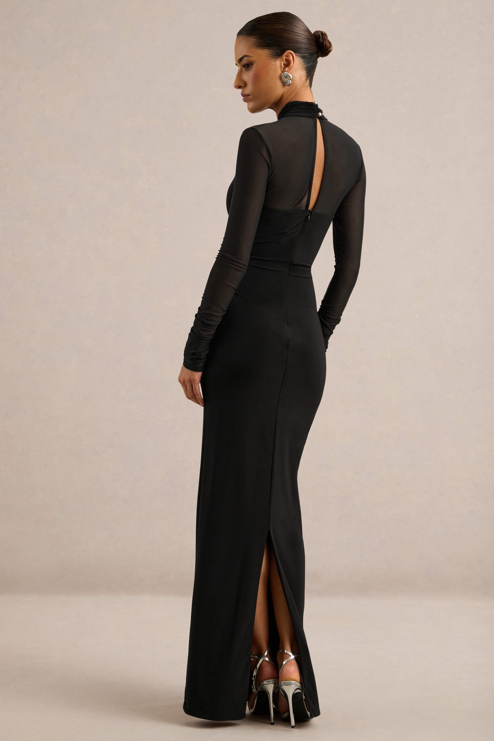 High Neck Crepe Maxi with Sheer Sleeves and Thigh Slit High Neck Crepe Maxi with Sheer Sleeves and Thigh Slit — Black Tie Dresses 2027