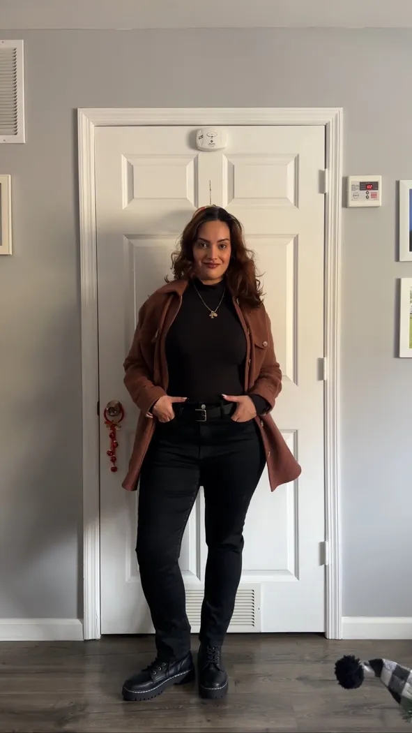Brown Textured Jacket Over Turtleneck and Jeans — Plus Size Thanksgiving Outfits 2026