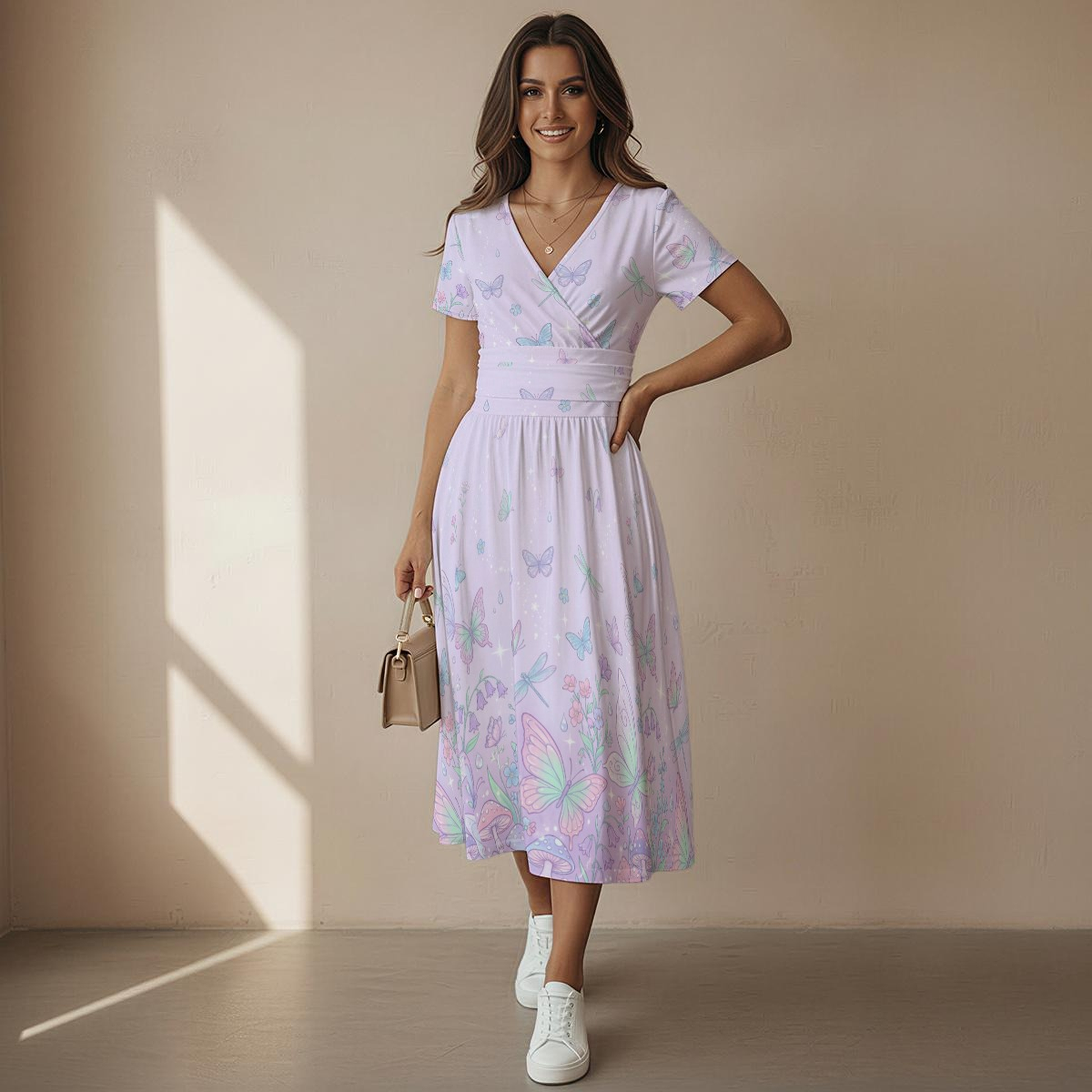 Lavender Butterfly Print Wrap Dress with White Sneakers — Fairycore Outfits 2027