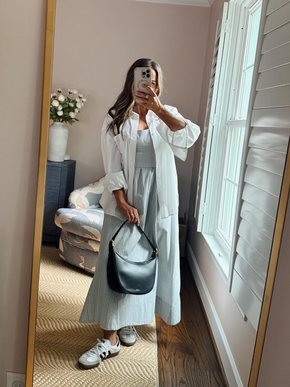 Grey and White Striped Maxi Dress with Oversized Shirt Grey and White Striped Maxi Dress with Oversized Shirt — Casual Dresses 2027
