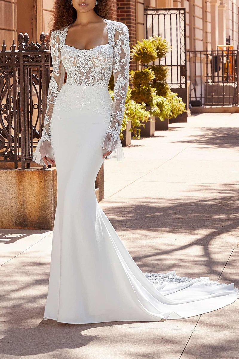 Not Visible White Mermaid Wedding Dress with Square Neckline and Long Lace Sleeves Not Visible White Mermaid Wedding Dress with Square Neckline and Long Lace Sleeves — Square Neck Wedding Dresses 2027