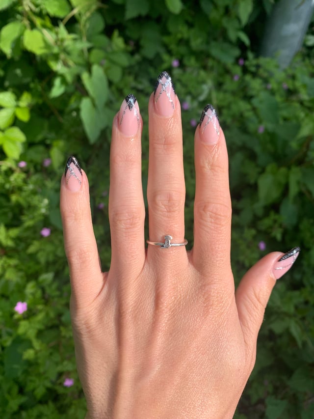 Black French Tips with Silver Glitter Accents Black French Tips with Silver Glitter Accents — Nails 2027 for Black Dress