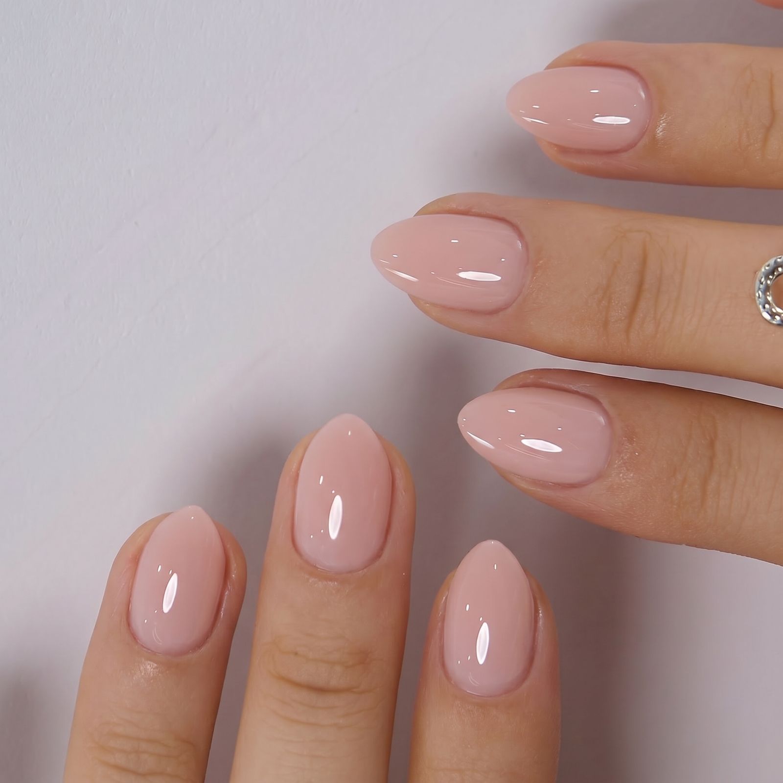 Warm Sheer Nude Medium Almonds — Glossy Nude Polish With Warm Undertones — Almond Nails 2027 for Chubby Fingers