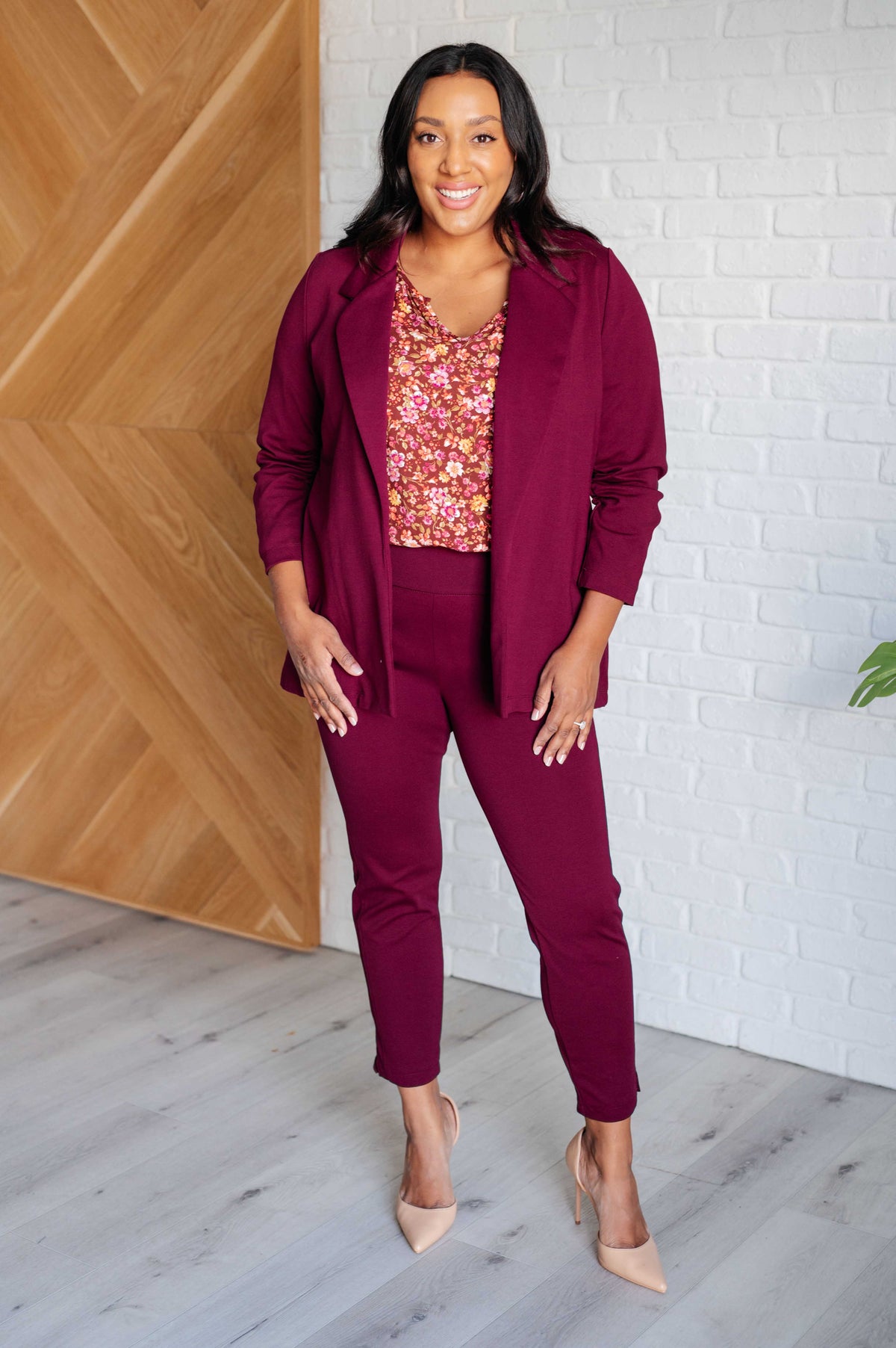 Business Casual Burgundy Suit with Floral Top — Curvy Outfits 2027