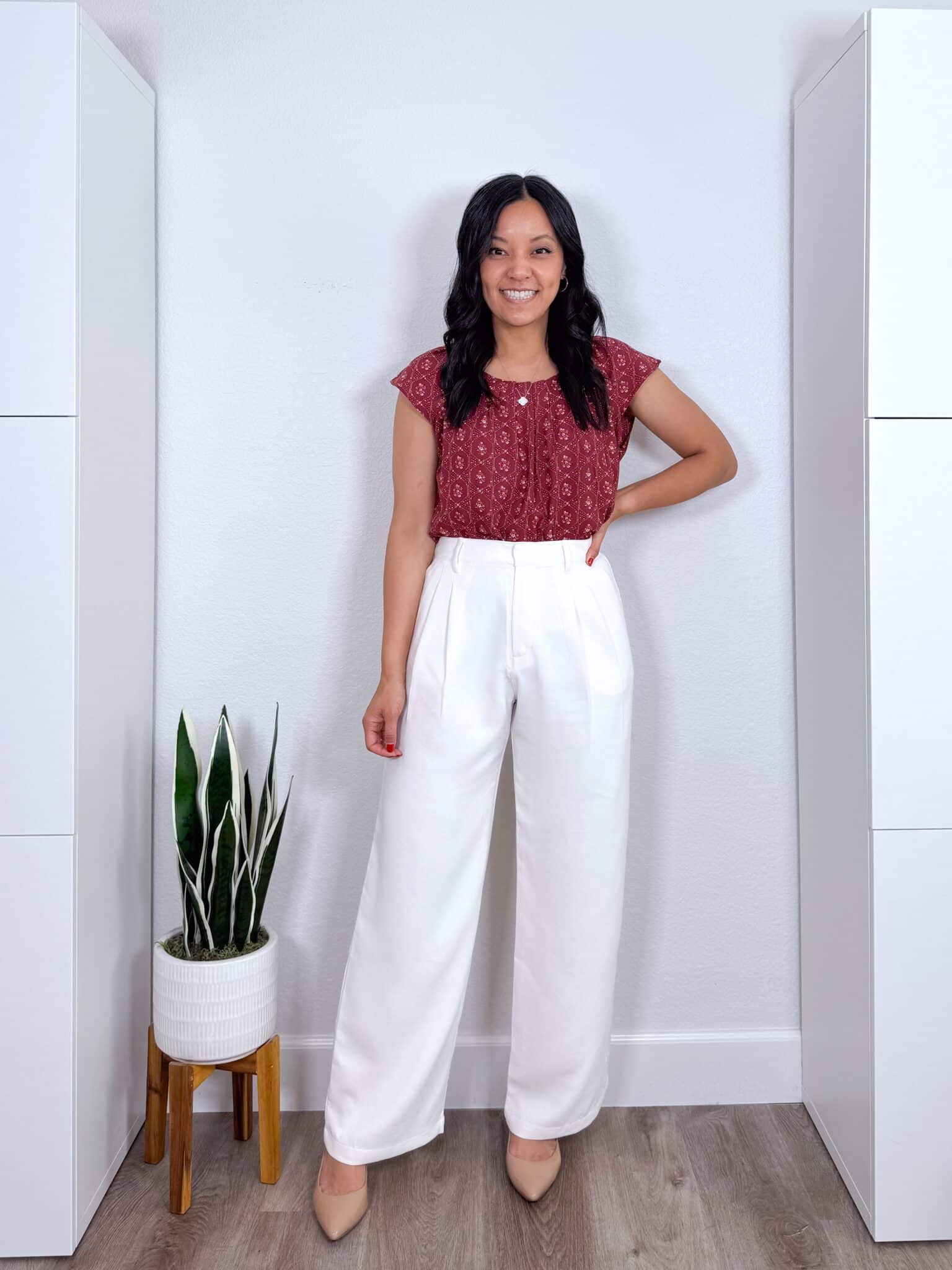 Burgundy Printed Top and White Wide-Leg Trousers Burgundy Printed Top and White Wide-Leg Trousers — Casual Work Outfits 2027