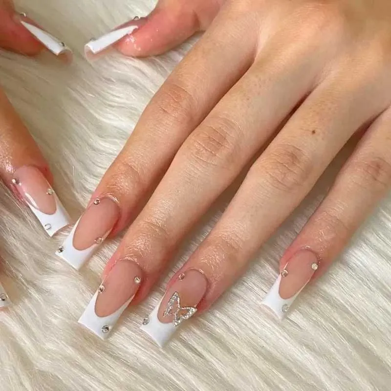 Classic French with 3D Silver Butterfly Classic French with 3D Silver Butterfly — Short Butterfly Coffin Nails 2027