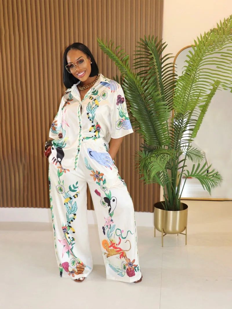 Cream Colorful Print Shirt and Wide-Leg Trousers for Casual Daytime Cream Colorful Print Shirt and Wide-Leg Trousers for Casual Daytime — Summer Two Piece Set Outfits 2027