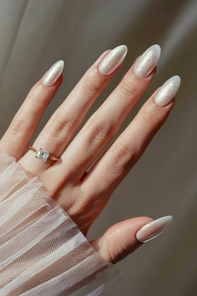 Opalescent White Pearlescent Shimmer Almonds Opalescent White Pearlescent Shimmer Almonds — Long Wedding Nails 2027