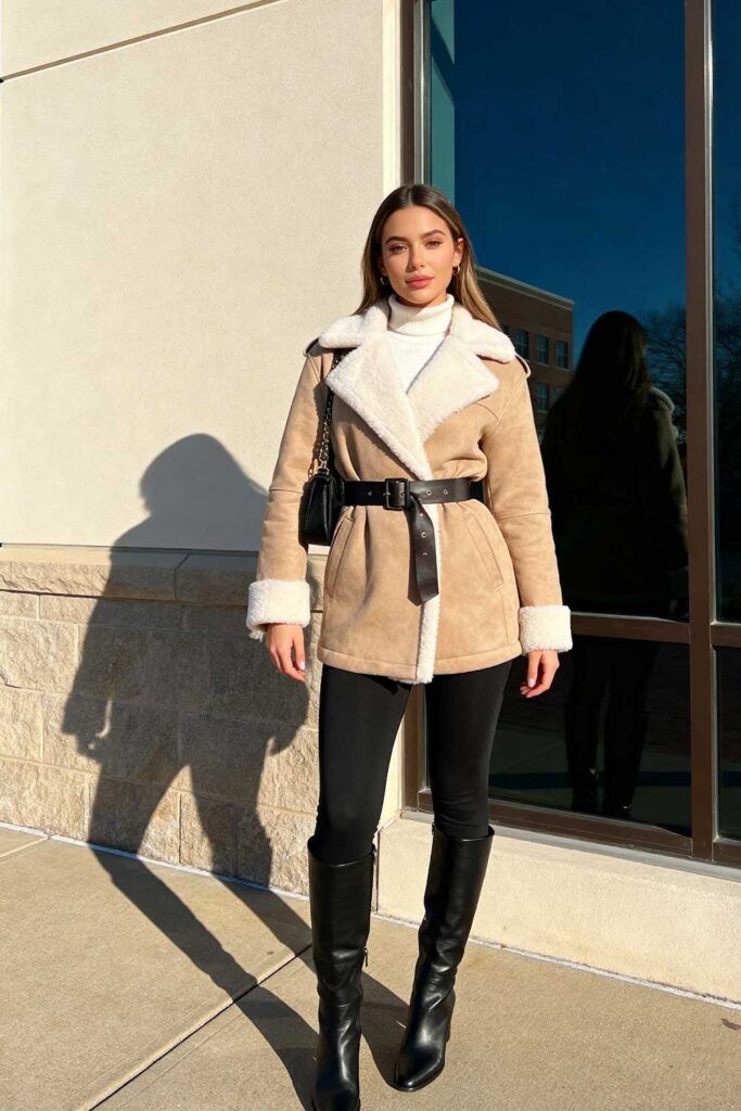 Shearling Jacket with White Turtleneck and Black Leggings — Layered Winter Outfits 2027