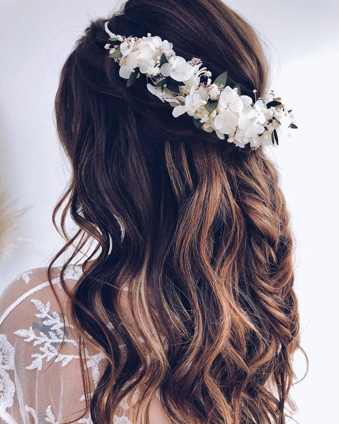 Half-Up Dark Brown Waves with Full Crown — Flower Crown Hairstyles 2027