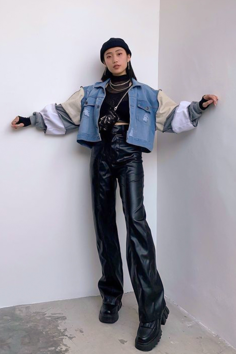Layered Denim Jacket with Faux Leather Pants — Y2K Outfits 2027