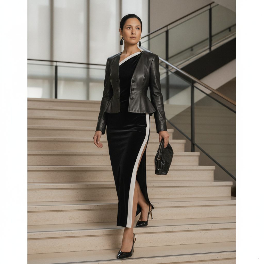 Modern Evening Elegance: Peplum Leather Jacket with Velvet Column Dress Modern Evening Elegance: Peplum Leather Jacket with Velvet Column Dress — Dress 2027 with Leather Jacket Outfit