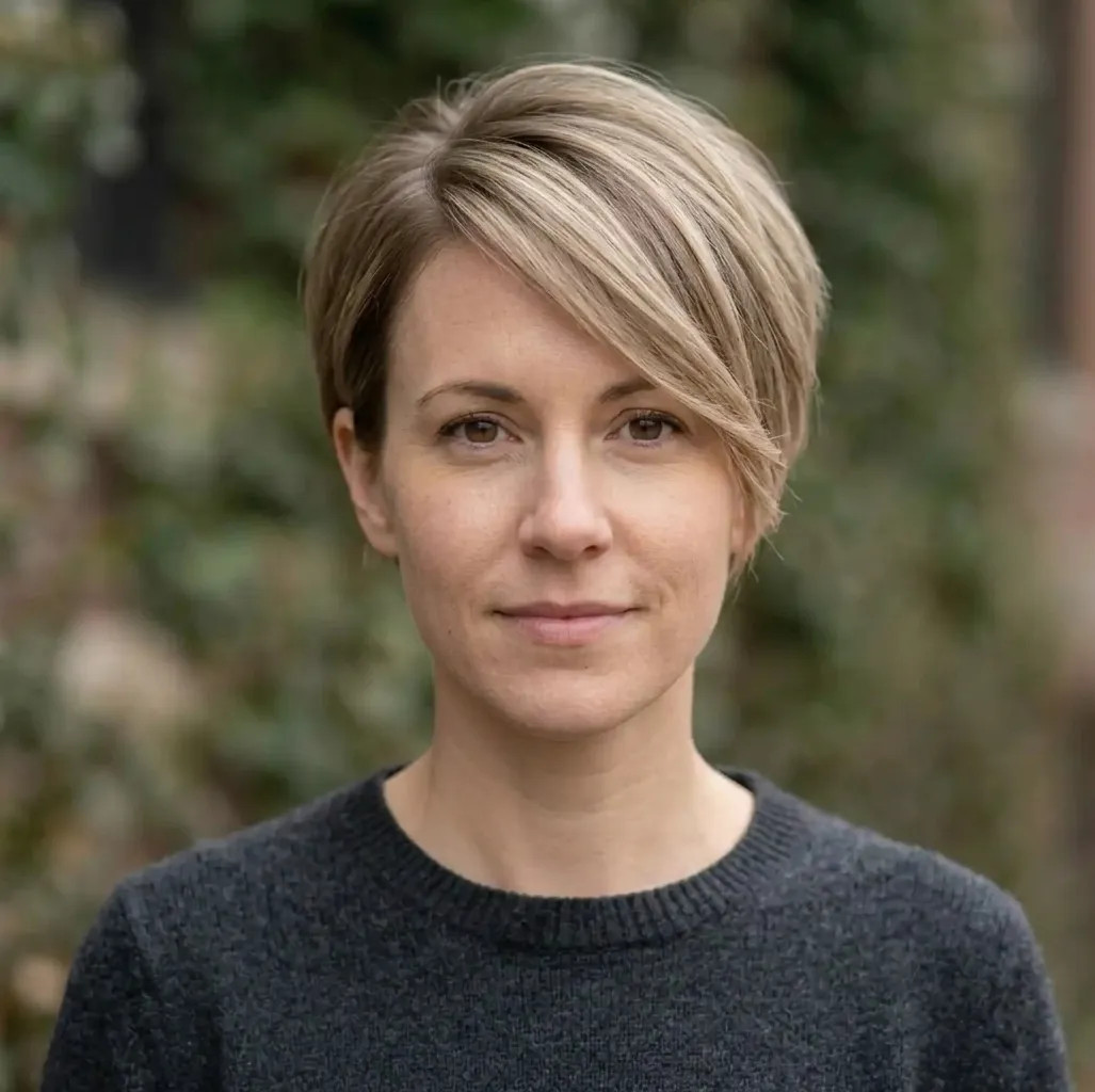 Ash Blonde Pixie With Feathered Bangs Ash Blonde Pixie With Feathered Bangs — Side Swept Pixie 2027