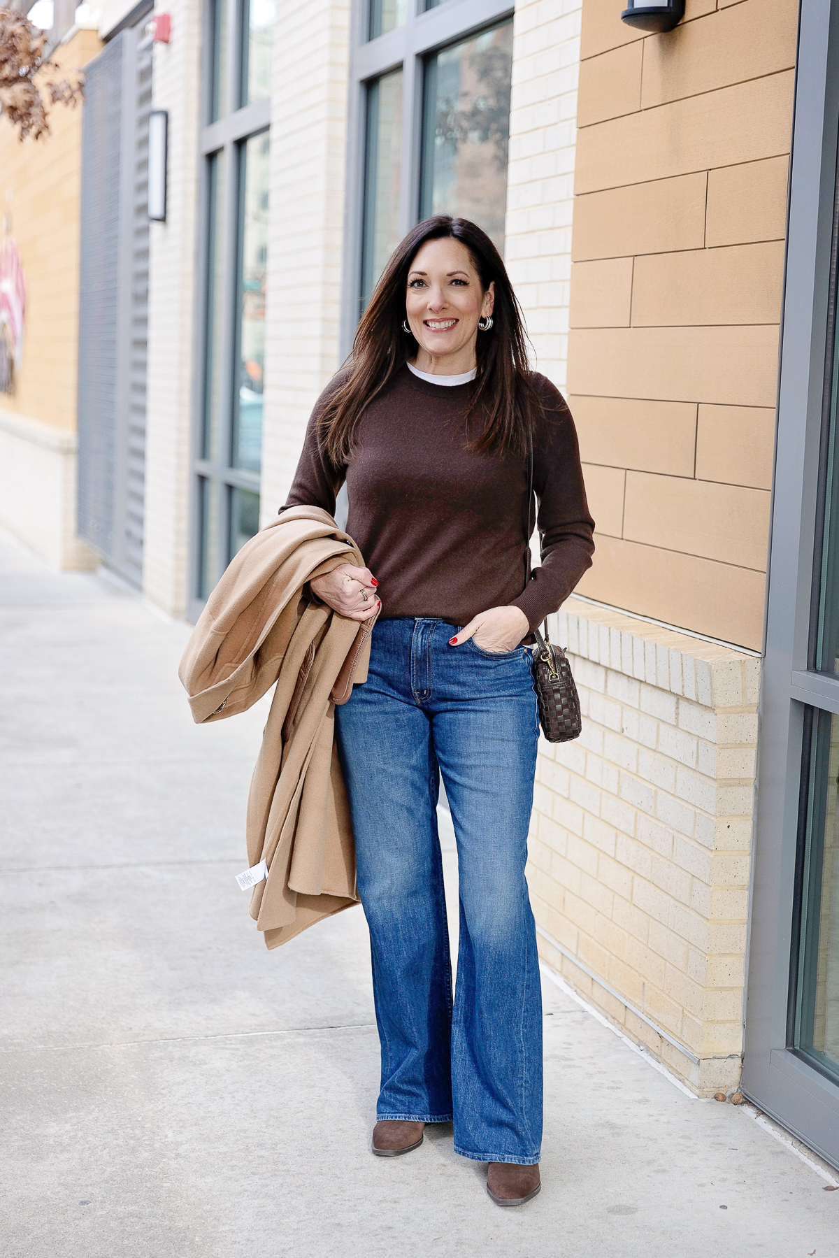 Casual Autumnal: Bootcut Jeans with Crewneck Sweater and Camel Coat — Bootcut Jeans Outfits 2027 with Sandals