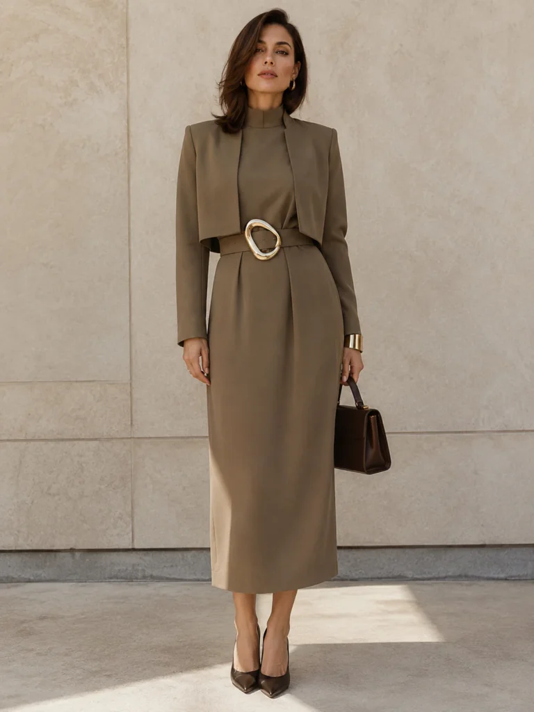 Taupe Mock-Neck Sheath Dress and Cropped Jacket Taupe Mock-Neck Sheath Dress and Cropped Jacket — Glamoratti Outfits 2027