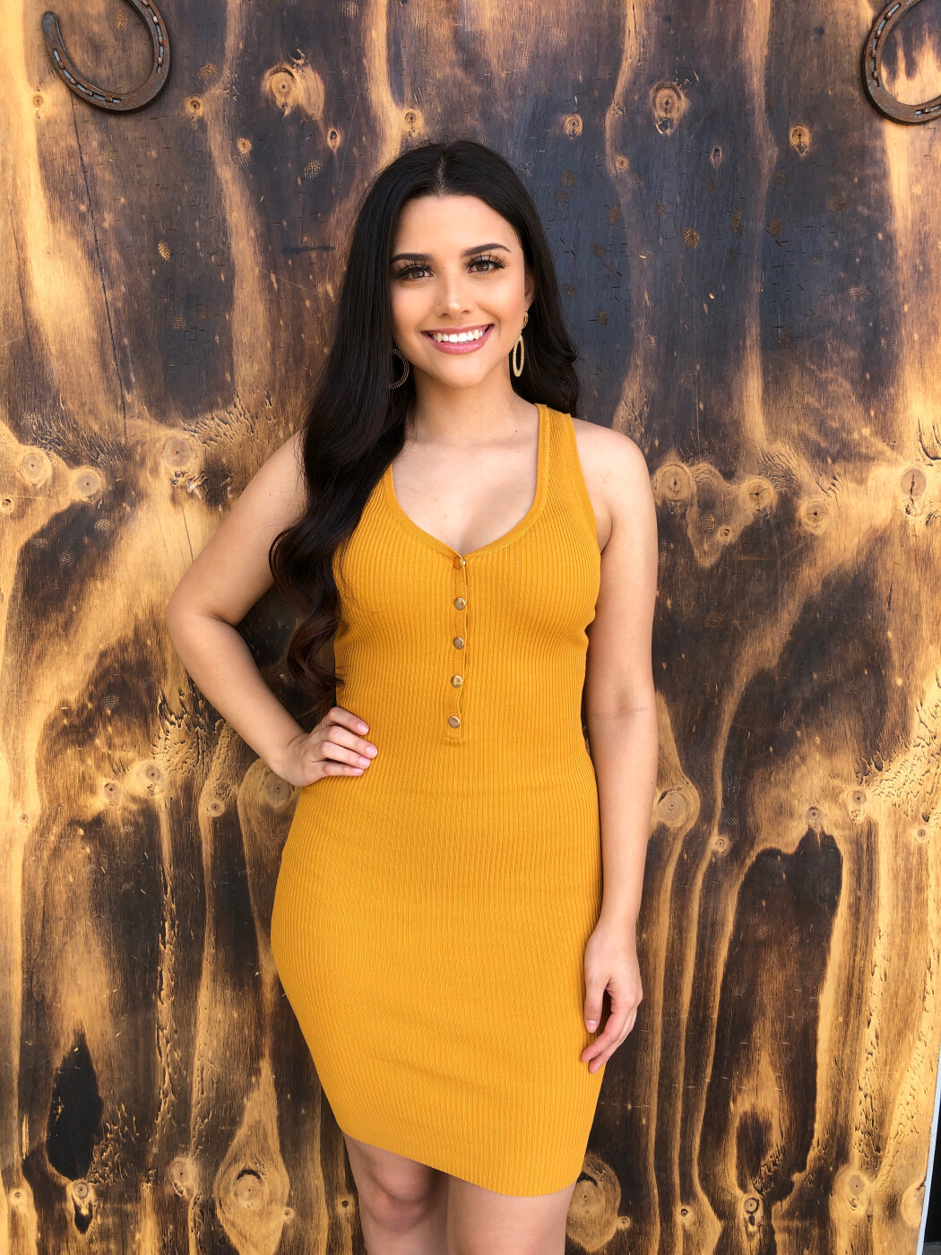 Mustard Yellow Ribbed Knit Bodycon Dress with Button-Down Front — Mustard Outfits 2027