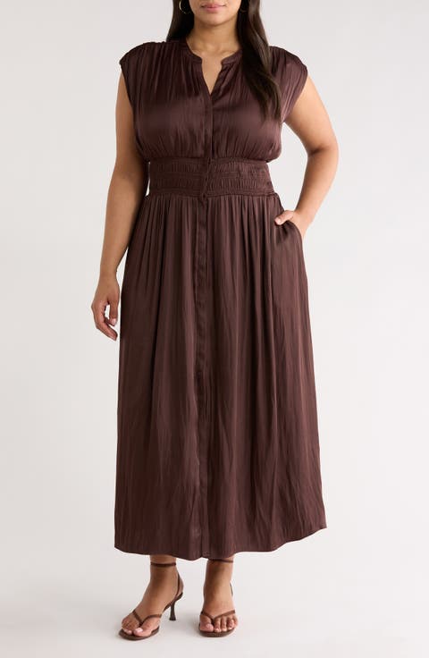 Dark Brown Midi Dress with Smocked Waist and Flowing Skirt — Curvy Dresses 2027