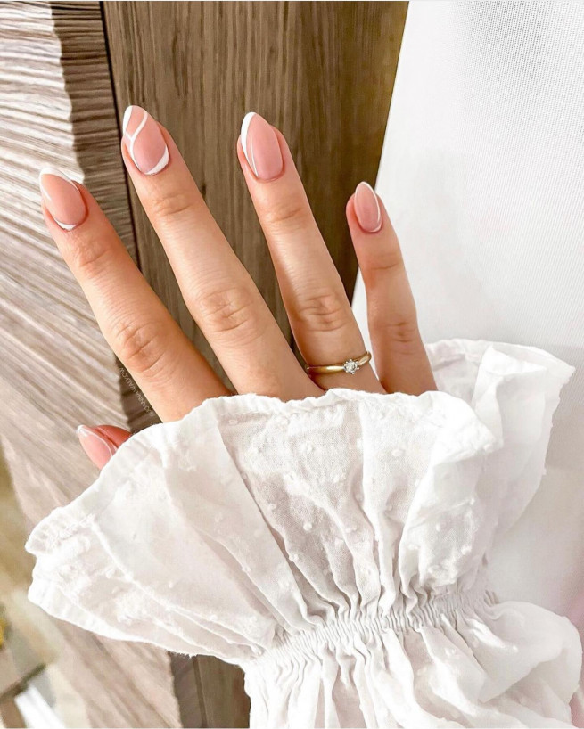 Medium Almond French With Abstract Lines — White Wedding Nails 2027