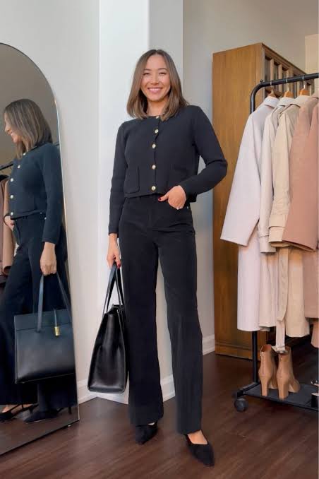 Monochromatic Black Wide-Legs with Gold Accents Monochromatic Black Wide-Legs with Gold Accents — Winter Outfits 2027 for Work