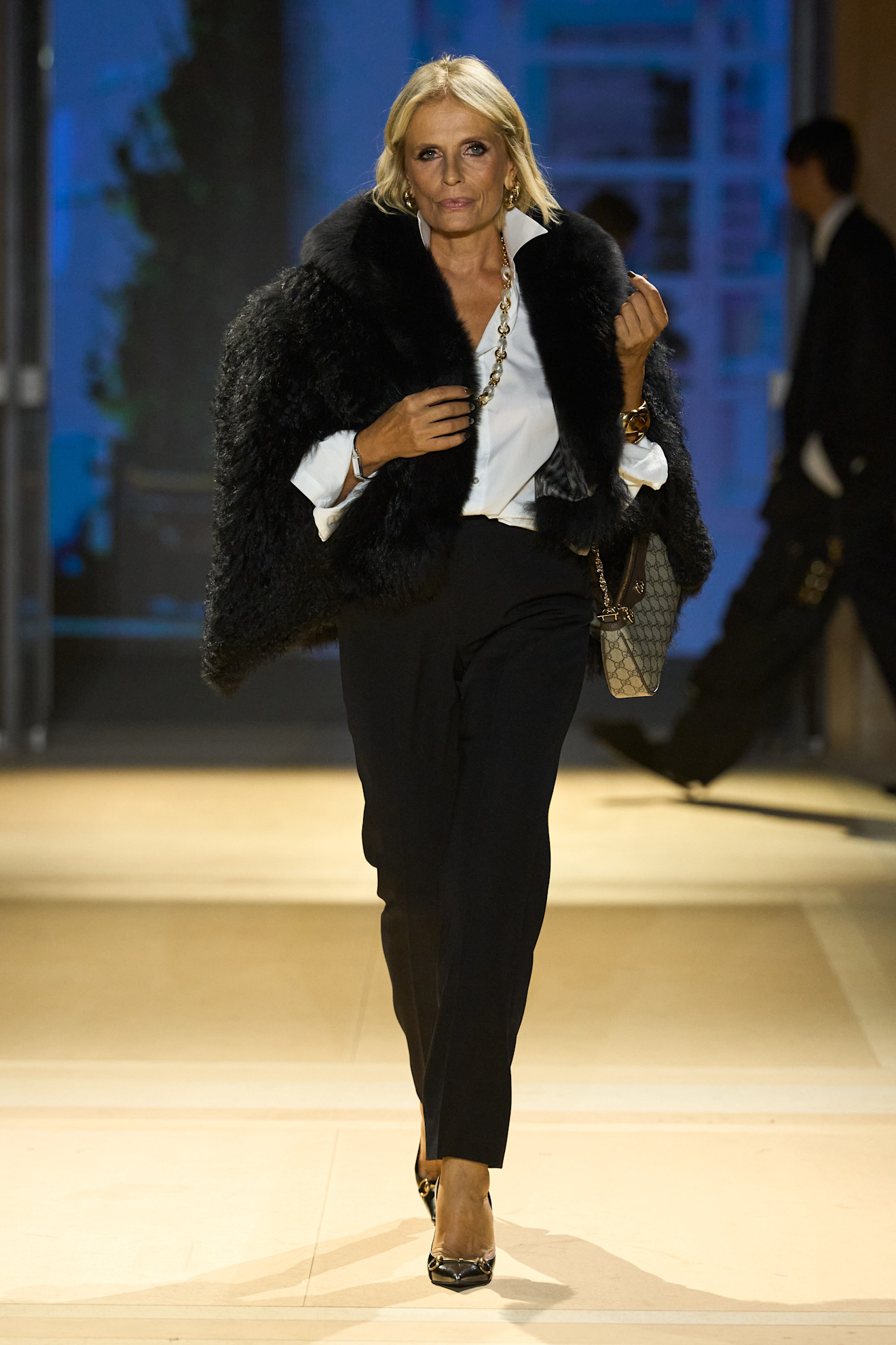 Oversized Faux Fur Jacket over White Shirt and Black Trousers — Tall Women Outfits 2027