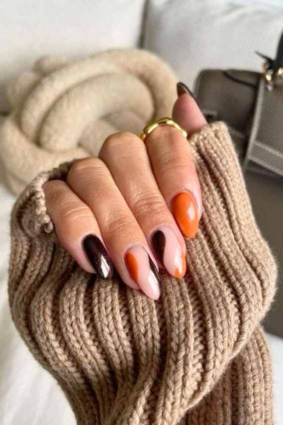 Abstract Color Blocked Fall Hues — Simple Thanksgiving Nails 2026