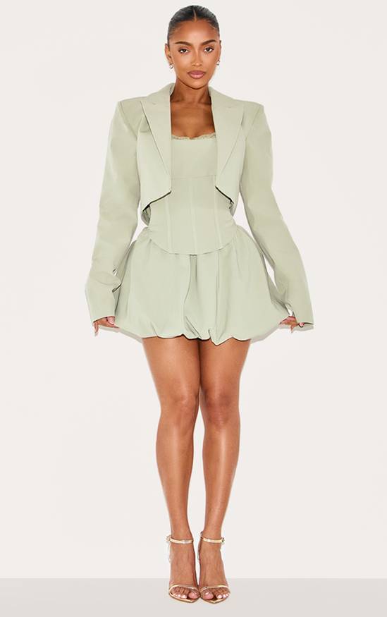 Sage Green Cropped Blazer with Corset Top and Bubble Skirt Sage Green Cropped Blazer with Corset Top and Bubble Skirt — Cropped Blazer Outfits 2027