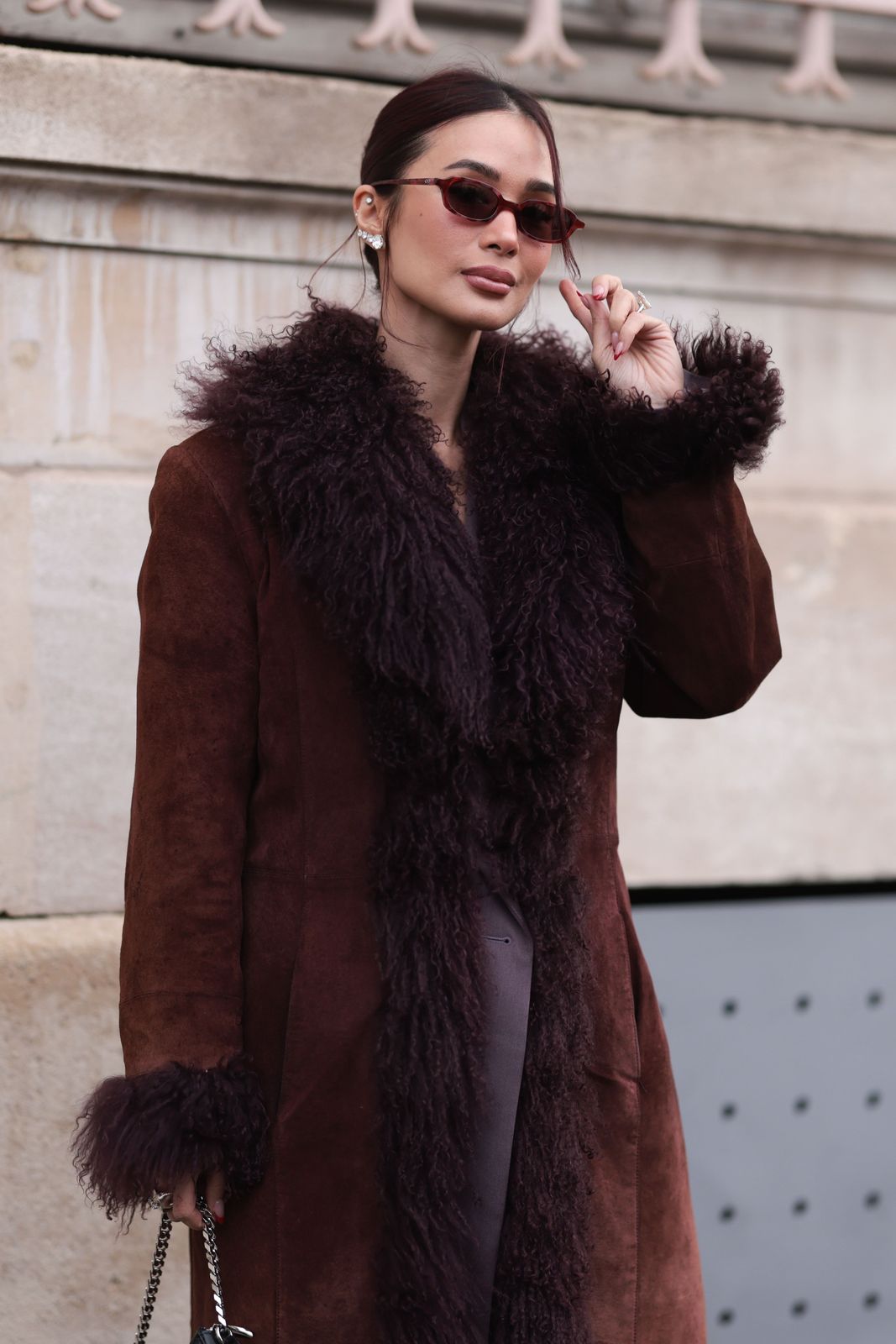 Shearling Coat with Fur Trim and Purple Dress Shearling Coat with Fur Trim and Purple Dress — Winter Photoshoot Outfits 2027