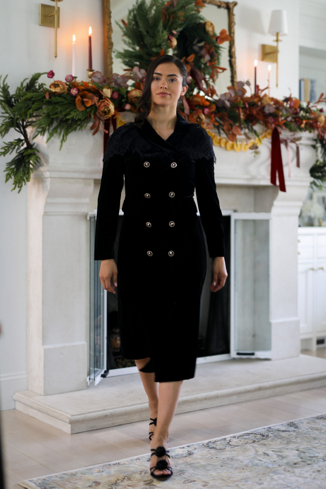 Black Velvet Midi Dress with Lace Collar for Vintage Glamour Winter Date Night Outfits 2027