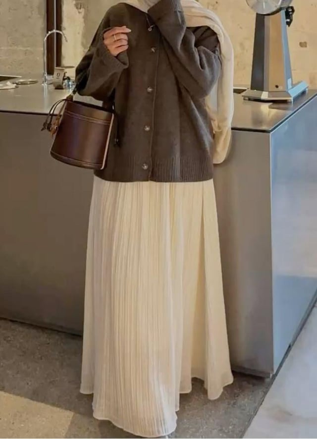 Cozy Knitwear and Pleated Skirt: Grey Cardigan and Cream Skirt Cozy Knitwear and Pleated Skirt: Grey Cardigan and Cream Skirt — Modest Outfits 2027