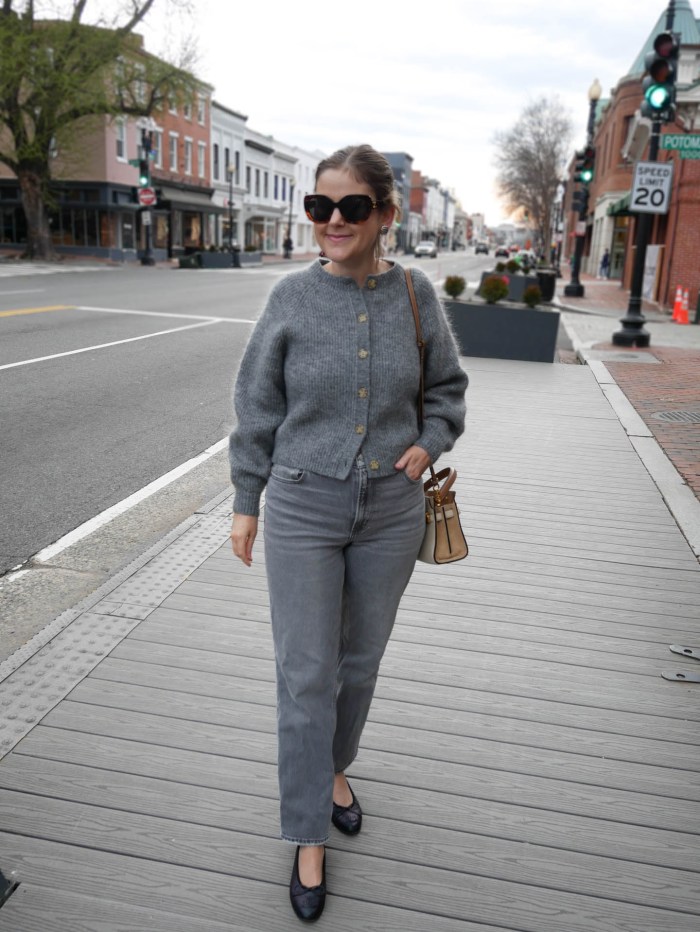 Grey Straight-Leg Jeans Paired with a Grey Knit Cardigan Grey Straight-Leg Jeans Paired with a Grey Knit Cardigan — Spring Outfits 2027 with Jeans